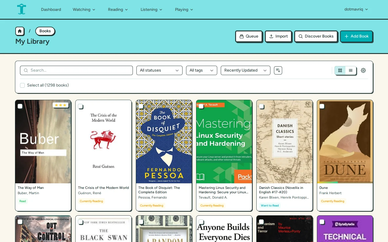 The TEAL app showing a book library grid on real data